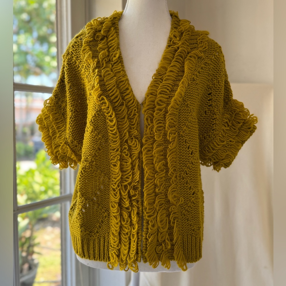 Mustard Yellow Crochet Cardigan with Short Sleeves & Hook Clasp Closure Size S 💛